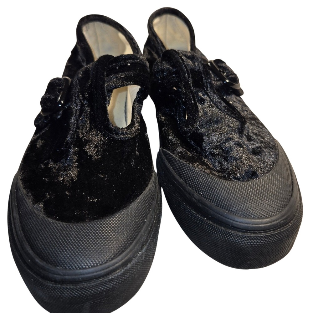 Vans Mary Jane Black Crushed Velvet Lug Sole Buckle Flat Shoes Womens 7